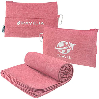 PAVILIA Soft Travel Blanket, Compact Airplane Blanket in Bag, Portable Blanket Pillow Set, Lightweight and Packable Plane Flight Car Trips Travel Home Office Gift Accessories, Pink, 65x40 inches - color: Pink
