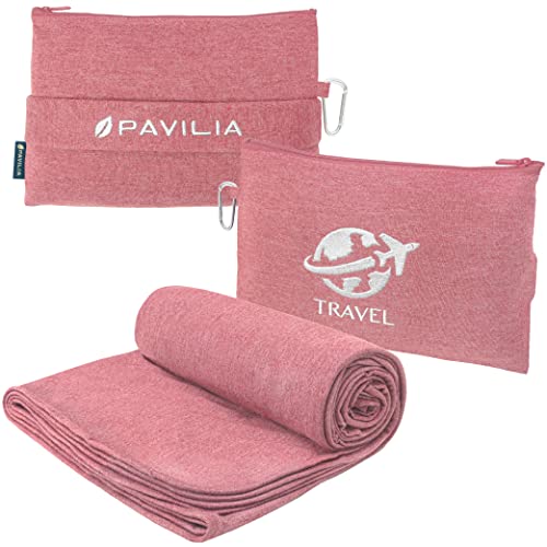 PAVILIA Soft Travel Blanket, Compact Airplane Blanket in Bag, Portable Blanket Pillow Set, Lightweight and Packable Plane Flight Car Trips Travel Home Office Gift Accessories, Pink, 65x40 inches - color: Pink