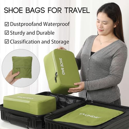 MissBoy Travel Shoe Bags, Set of 2 (Large+Small) Water Resistant Shoe Bag with Zipper & Handle, Foldable Shoe Storage Organizer for Men and Women - Green