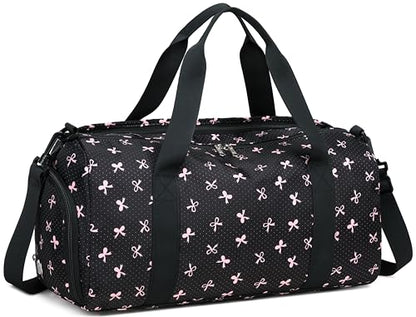 Gym Bag Sports Duffle Bag with Wet Pocket Weekender Overnight Bag with Waterproof Shoe Compartment for Girls Kids Women Travel Dance Yoga Workout Bag (Bow Pink-Black) - color: Bow Pink-Black