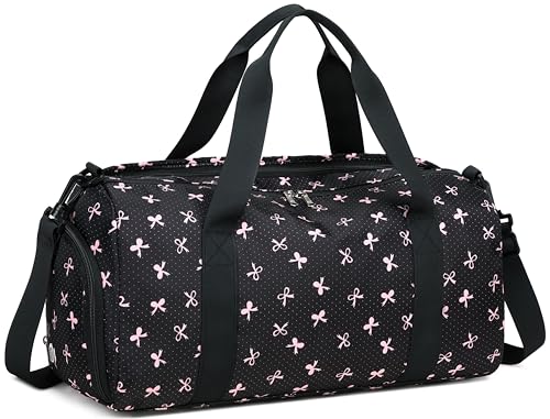 Gym Bag Sports Duffle Bag with Wet Pocket Weekender Overnight Bag with Waterproof Shoe Compartment for Girls Kids Women Travel Dance Yoga Workout Bag (Bow Pink-Black) - color: Bow Pink-Black