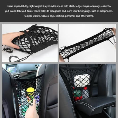 2-Layer Car Mesh Organizer, Seat Back Net Bag Stretchable Barrier of Backseat Pet Kids, Four-Side Elastic Storage Netting Pouch Cargo Tissue Purse Holder Between Front Seats - color: 2-Layer Four-Side