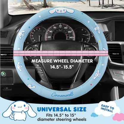 Sanrio Cinnamoroll Car Trunk Organizer & Steering Wheel Cover Set – Cute, Non-Slip, Soft Grip Car Accessories for Women – Collapsible Storage Bin for Groceries, Tools & Travel – 12.5"L x 12.5"W x 9"H - style: Set Cinnamoroll