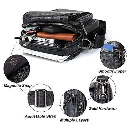 Augus Leather Small Messenger Bag For Men Crossbody Handbag Shoulder Sling Travel Bags for Men Purse Daypack Magnetic Buckle - color: Black