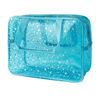 Holographic Star Large Light Blue Makeup Cosmetic Organizer Bag and Travel Pouch with Handle,Durable Material,Zipper Design-Ideal for Makeup,Travel Essentials (Blue) - color: Blue