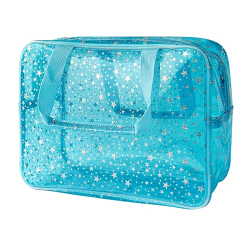 Holographic Star Large Light Blue Makeup Cosmetic Organizer Bag and Travel Pouch with Handle,Durable Material,Zipper Design-Ideal for Makeup,Travel Essentials (Blue) - color: Blue