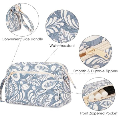 Narwey Women Makeup Bag Wide-open Make up Bag Travel Cosmetic Organizer Toiletry Bag for Cosmetics Toiletries Accessories (Blue Leaf) - color: Y-Blue Leaf