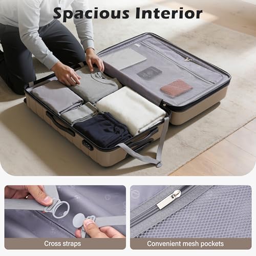 Coolife Luggage Suitcase Carry on Hardside PC+ABS Spinner TSA Lock Telescopic Handle - color: brown, size: Large(28in)