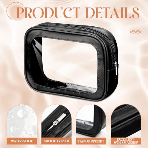 Abbylike 4 Pcs Clear Makeup Bag PU Leather Tsa Approved Toiletry Bag with Zipper Transparent Waterproof Portable Cosmetic Bags Travel Car Clear Organizer Bags for Gifts Women Girl Mother's Day, Black - color: Black
