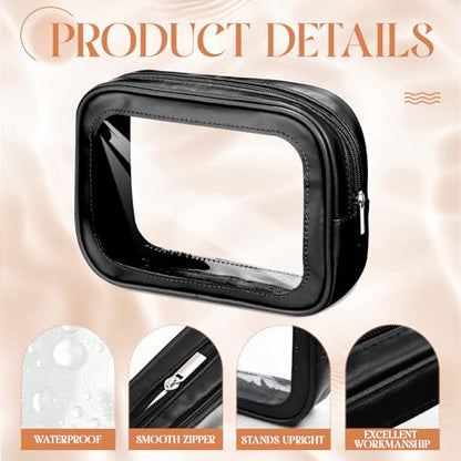 Abbylike 4 Pcs Clear Makeup Bag PU Leather Tsa Approved Toiletry Bag with Zipper Transparent Waterproof Portable Cosmetic Bags Travel Car Clear Organizer Bags for Gifts Women Girl Mother's Day, Black - color: Black