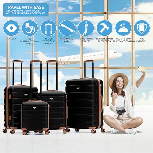 Flight Knight Luggage Set For Travel Expandable 4 Piece Large Checked Bags TSA Lock 360 Silent Double Spinner Wheels Hardside Suitcase With 24x16x10 Carry-On Max Bag Size Virgin, South West Airlines - color: Black/Tan, size: 4 Piece Set (18/24/27/31")