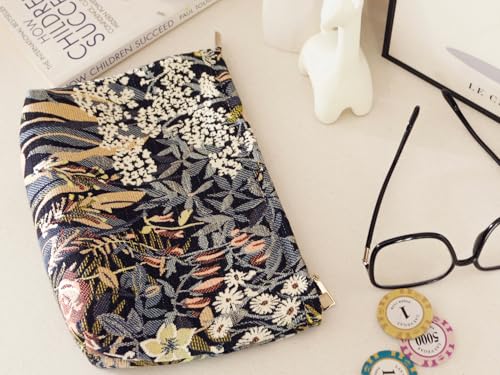 HAPPYHEIDI Cute Floral Makeup Bag Cosmetic Travel Pouch with Bottom and Zipper, Purse Make Up Organizer, Aesthetic Textured Fabric, Large - color: Classic Black Floral Large