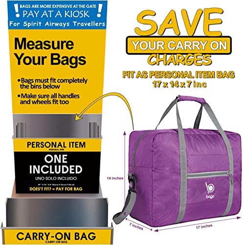 Bago Personal Item Travel Bag For Airlines - Fits As 18x14x8 inches Travel Bag Spirit & Frontier Airlines - Foldable Duffle Bag For Travel - Personal Item Bag Small Carry On Bag For Air Travel - color: Purple