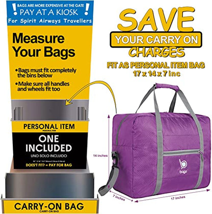 Bago Personal Item Travel Bag For Airlines - Fits As 18x14x8 inches Travel Bag Spirit & Frontier Airlines - Foldable Duffle Bag For Travel - Personal Item Bag Small Carry On Bag For Air Travel - color: Purple