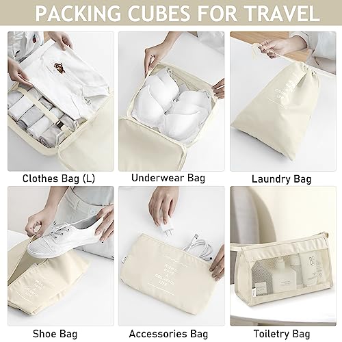 KPX 8 Set Packing Cubes for Travel, Luggage Packing Organizers Accessories Large Toiletries Bag for Clothes Shoes Cosmetics (Beige) - color: 8Set-Beige