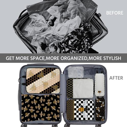 7 Pcs Compression Packing Cubes for Travel, Waterproof Suitcase Luggage Backpack Organizer with Toiletry Bag Travel Essentials for Women/Men-Bees - color: Black-Bees