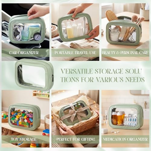 Abbylike 4 Pcs Green Clear Makeup Bag PU Leather Tsa Approved Toiletry Bag with Zipper Transparent Waterproof Portable Cosmetic Bags Travel Car Clear Organizer Bags for Women Girls Mother's Day - color: Green