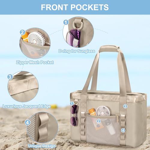 Yarwo Beach Bag for Women, Sandproof Swim Tote Bag with Cooler Compartment and Wet & Dry Pockets for Pool Cruise Vacation - color: Light Camel