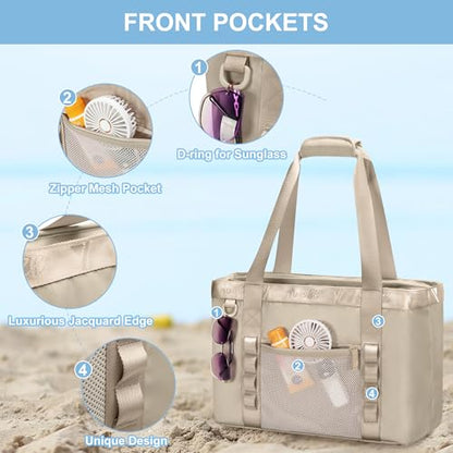 Yarwo Beach Bag for Women, Sandproof Swim Tote Bag with Cooler Compartment and Wet & Dry Pockets for Pool Cruise Vacation - color: Light Camel
