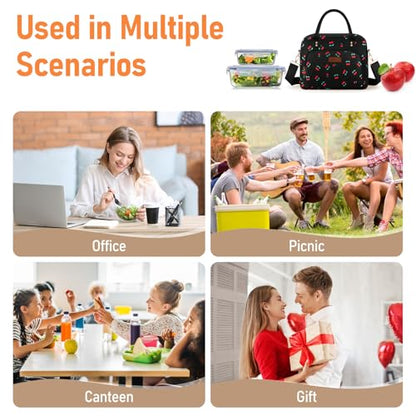 Lunch Bag Large Insulated Lunch Box for Women Men Adult Cute Cherry Lunchbox Lunch Bags Boxes Pail with Shoulder Strap for Work Mom Picnic Office Travel 11.4×6.8×9.1 inches 11.5L Black - color: Black Cherry
