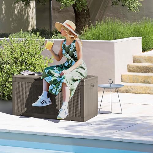 Devoko 97 Gallon Deck Box, Waterproof Resin Outdoor Storage Box for Outside and Patio, Large Outdoor Storage Bench Cabinet Lockable for Patio Furniture, Garden Tools and Pool Supplies (Brown) - color: Brown, size: 97 Gallon 1 Pack