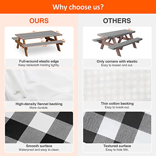 5ft Picnic Table and Bench Cover, Camping Essentials RV Gear, 60 in Waterproof Windproof Outdoor Elastic All Around Tablecloth, Fitted Rectangle Tables and Seats, Black-White Checkered - color: Black-white Checkered, size: 60"