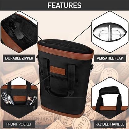 opux Two Bottle Wine Bag Carrier Tote, Insulated Leakproof 2 Bottle Wine Cooler Bag for Travel BYOB Picnic, Portable Wine Case, Gift for Men Women Wine Lover Birthday Party Christmas, Black - color: Black