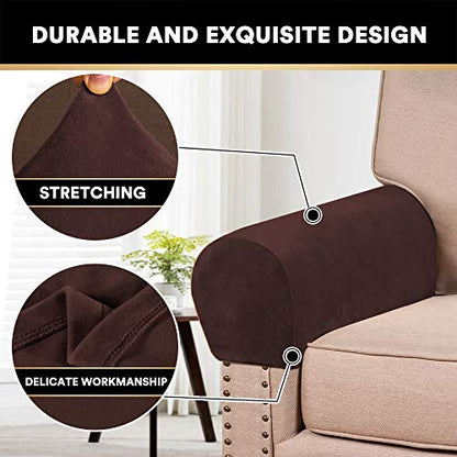 PrinceDeco 2 Pack Thick Velvet Stretch Armrest Covers for Chairs and Sofas - Non Slip Armchair Covers for Arms, Brown - color: Brown