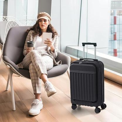 Merax Luggage Sets Front Opening, 2 Piece Hardshell Suitcase with Spinner Wheels and Bags,Lightweight Carry on Luggage with USB Port,20+24,Black - color: Black, size: 2 Piece(20+24+Bag）
