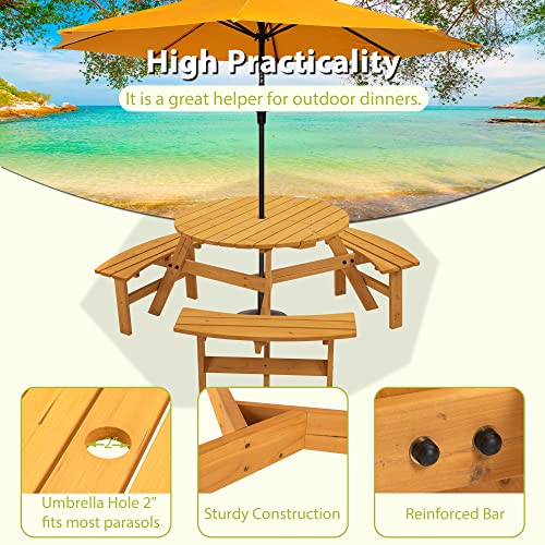 6 Person Circular Outdoor Wooden Picnic Table Sets for Patio Backyard Garden DIY w/3 Built-in Benches 1720lb Capacity, Natural - color: Natural-6-round