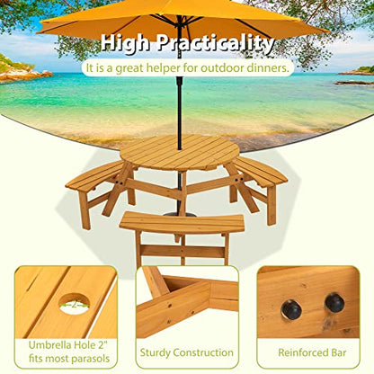 6 Person Circular Outdoor Wooden Picnic Table Sets for Patio Backyard Garden DIY w/3 Built-in Benches 1720lb Capacity, Natural - color: Natural-6-round