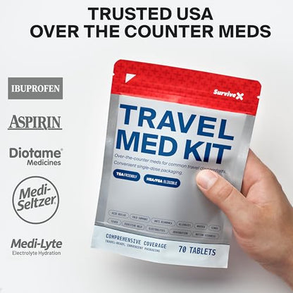 SurviveX Travel Medicine Kit - Compact TSA-Approved Medication Pack for Travel, Camping, Cruises - Includes Over-the-Counter Individual Medicine Packets