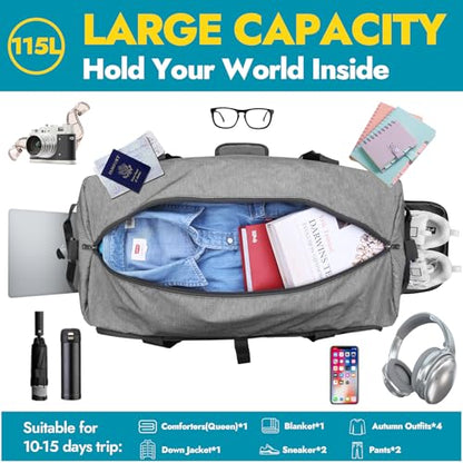 Canway 115L Travel Duffel Bag, Foldable Weekender Bag with Shoes Compartment for Men Women Water-proof & Tear Resistant - color: Textured Grey, size: 115L