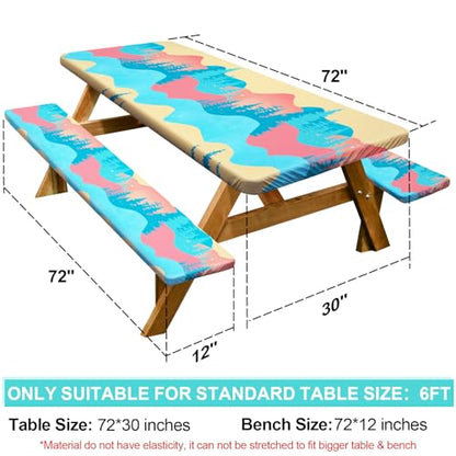 Picnic Table Cover with Bench Covers 6FT 3 Pcs Waterproof Windproof Aesthetic Camping Tablecloth with Drawstring Bag, Fitted for 6 Foot Rectangle Tables and Seats, 72 inch, Blue Orange - color: Blue Orange