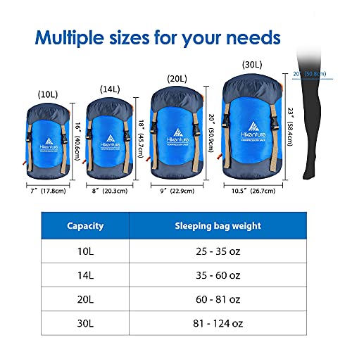 Hikenture Compression Sack for Sleeping Bag, Upgrade Anti-Tear Nylon Sleeping Bag Stuff Sack, 10L/14L/20L/30L Water-Resistant Compression Bag, Storage Bag - color: Blue, size: 20L