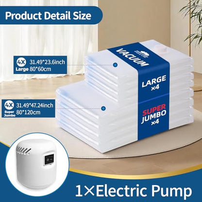 Vacuum Storage Bags with Electric Pump, 8 Pack | Stores Blankets & Comforters, Electric Pump Included, Reusable Compression Design, 4 Large & 4 Super Jumbo - size: 4 Large,4 Super Jumbo
