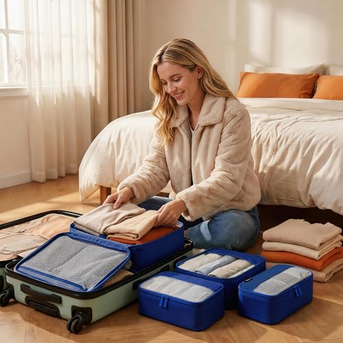 4 Piece Compression Packing Cubes for 3–7 Day Travel, Space Saving Travel Organizers with Breathable Mesh, Double-Zipper Packing Cubes for Carry-On & Suitcases (Blue) - color: Blue