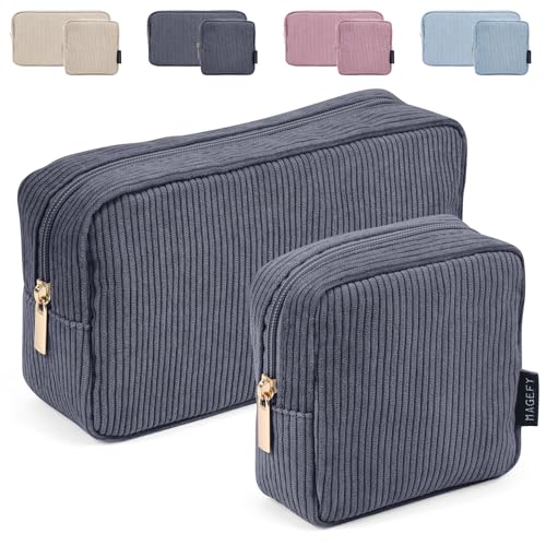 MAGEFY Small Makeup Bag for Purse Mini Cosmetics Bag Corduroy Cute Cosmetic Pouch for Women with Slip-in Pockets - color: Small+Large-Grey-2pcs
