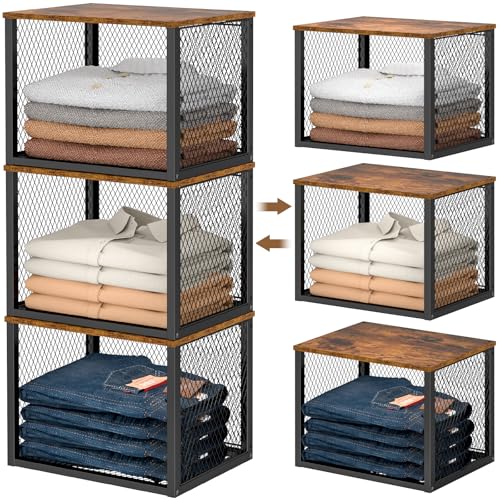 3 Pack Stackable Closet Organizers and Storage Basket, Closet Shelves with Wood Top Extra Storage, Multifunctional Clothes Organizer Bins/Cube Storage Drawer for Wardrobe Kitchen Laundry Room, Black - color: Black