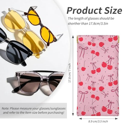 Glasses Case Soft, Eyeglass Cases for Women Portable Squeeze Top PU Leather 2 Pack Glasses Pouch with Cleaning Cloth - color: 2pcs Cherry Bow