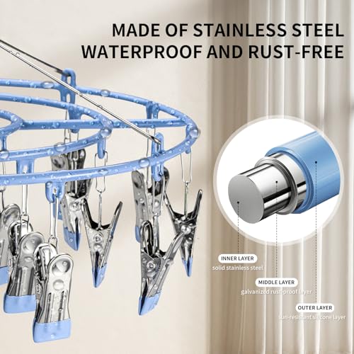 PHYDELU Drying Rack Clothing with 24 Clips，Sock Hanger for Drying，Hanging Clothes Dryer Underwear Hangers Racks Laundry Herb Socks Panty Wet Bra Lingerie Baby Delicates Foldable Small Indoor Metal - color: Blue (24 Clips)