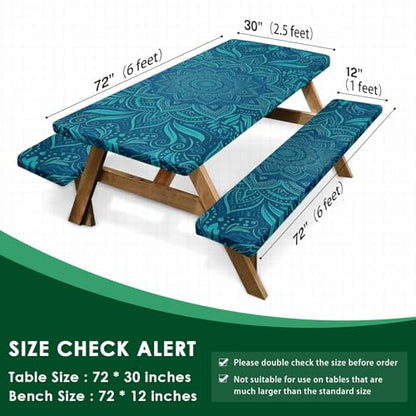 Picnic Table Cover with Bench Covers Elastic Edges, Boho Teal Camper Fitted Table Cover, Outdoor Camping Essentials 72 Inch 3PCS, Waterproof Camping Fitted Tablecloth with Drawstring Bag - color: Boho Teal, size: 72in