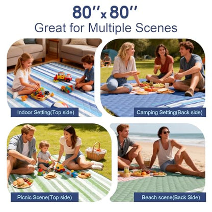 2 in 1 Tote Picnic Blanket Waterproof Outdoor Camping Mat,Large Capacity Beach Blanket 80''x80'' 7 Layers Easy to Foldable and Carry. - color: Blue