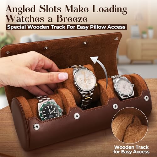 Luxury Father's Gift, Travel Watch Case 3 Slots, Bonus Pouch Included, Portable Organizer, PU Leather Watch Roll, Home Storage, Angled Easy-Removal Cushions, Scratch-Resistant Padded Velvet Lining - color: Brown/Light Brown