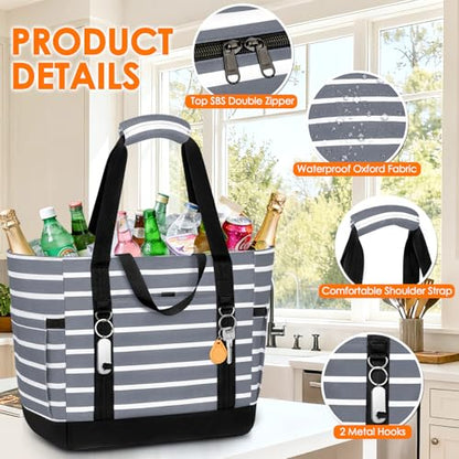 Cooler Bag Insulated, Soft Side Cooler, Reusable Grocery Bags with Zipper Closure, Thermal Leakproof Large Insulated Tote Bag for Hot/Cold Food for Grocery, Beach, Travel, Picnic - color: Gray and White