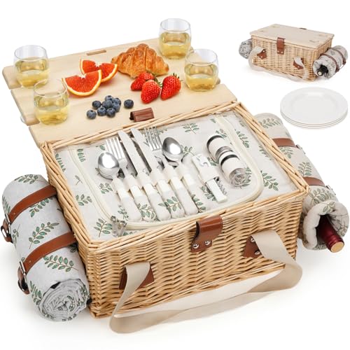 HappyPicnic Picnic Basket for 4, Handmade Wicker Picnic Set with Folding Table and Waterproof Blanket, Large Insulated Picnic Basket with Wine Bag & Cutlery Kit for Picnic, Camping, Holidays (Leaf) - color: Leaf, size: 4-person set