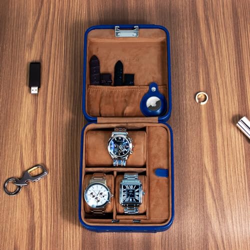 KAMIER Watch Case with Combination Lock - 4 Watch Storage and Jewelry Organizer - Watch Travel Case for Ring and Watch Storage, PU Leather Travel Watch Case, Ideal for Gift (With Gift Box),Blue - color: Blue