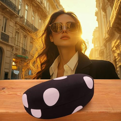 MyEyeglassCase® Large Hard Sunglasses Case | fits Large curved Sunglasses, with microfiber bag and cleaning cloth - color: Polka Dots Black / White