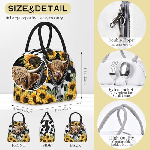 Cow Print Lunch Box Western Highland Cow Lunch Bag for Women Insulated Cows Print Lunchbox Cooler Reusable Large Containers Tote Bag For Women Men Work Office Travel Picnic - color: Cow Print