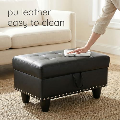28.5 Inch Storage Ottoman Bench with Hidden Storage, PU Leather Upholstered Foot Rest Stool, Tufted End of Bed Bench for Bedroom Living Room, Easy to Clean, Black - color: Black